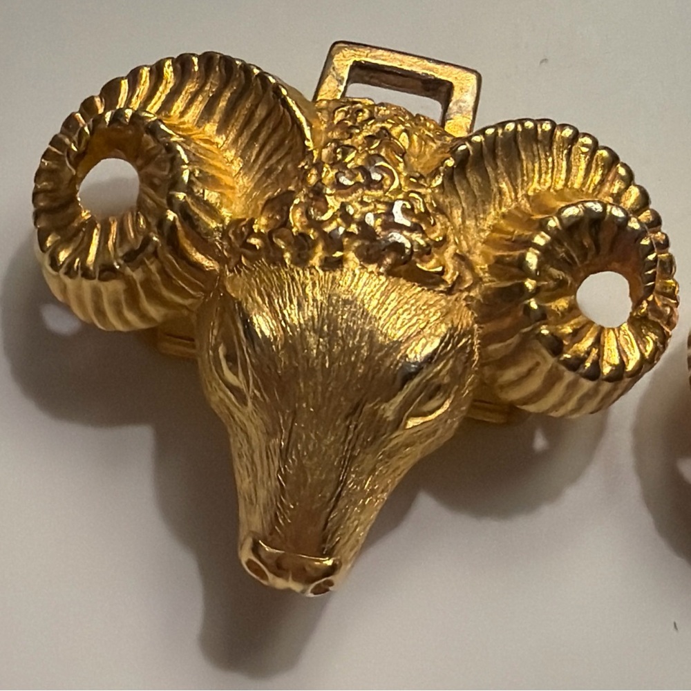 Vintage Signed Paquette Double Belt Buckle Sheep/Ram Horns Goldtone Interlocking - Picture 6 of 8